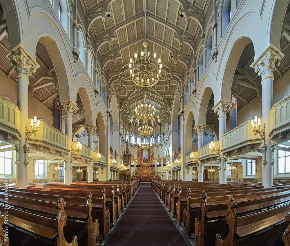 Interior of St. John's Church (Johanneksenkirkko) in Helsinki, Finland. The church was built in 1888-1891 by design of the Swedish architect Adolf Emil Melander.