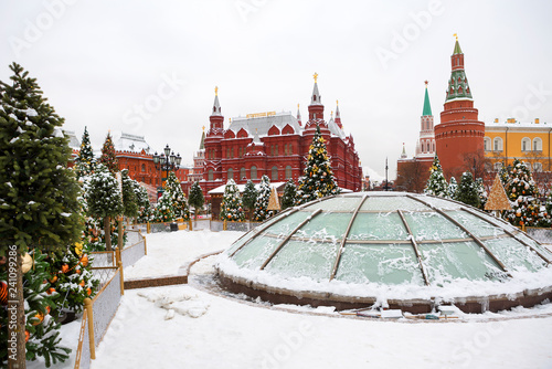 Moscow, Russia, New Year. Christmas. Festive decoration of the city. Christmas trees on Manezhnaya square. 