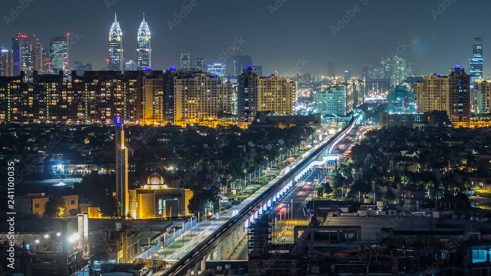 Jumeirah Palm island skyline night timelapse in Dubai, UAE. Jumeirah Palm island skyline night timelapse in Dubai, UAE.