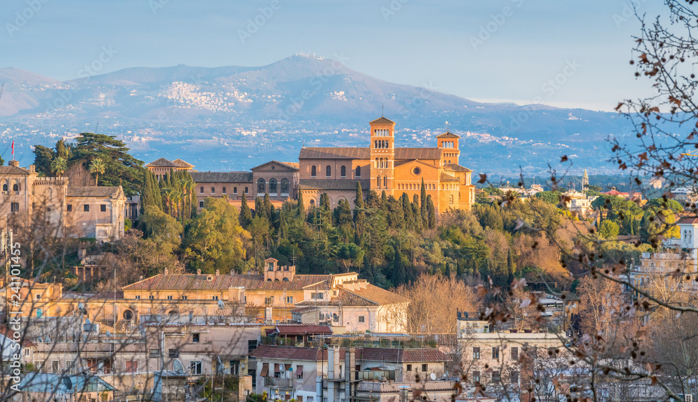 Panorama from the Gianicolo Terrace with the Aventine Hill and the Basilica of Santa Sabina, in Rome, Italy.