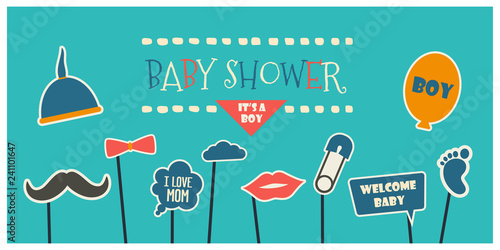 Baby boy shower party photo booth props vector elements.