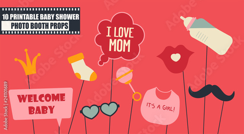 Baby girl shower party photo booth props vector elements.