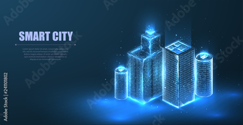 Low poly illustration of the metropolis. Sparkle stardust. Glittering vector with blue particles on dark background. Polygonal wireframe of city from dots and lines.