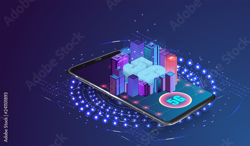5G new wireless internet wifi connection. Smart city or intelligent building isometric vector concept. Building automation with computer networking illustration