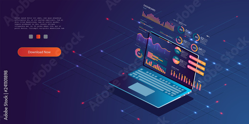 Technology concept. Update database statistics. Workflow and business management. vector isometric illustration