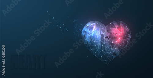 Heart. Abstract polygonal wireframe mesh art with crumbled edge on blue and red night sky with dots, stars and looks like constellation. Valentine day, greeting, health, background