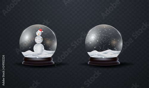 ector 3d illustration. Holiday realistic decoration. Winter Xmas ornament. Crystal ball with falling snow. Glass sphere
