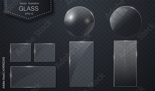 Transparent glass banners. 3d window glass or plastic banner. Glassed wall or reflecting windows. Realistic vector illustration isolated background set