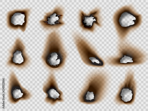 Burned holes in a paper, realistic style set