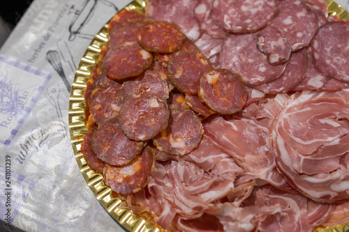 Wallpaper Mural horizontal image with detail of typical Italian products, salami ham, bacon, served on a tray Torontodigital.ca