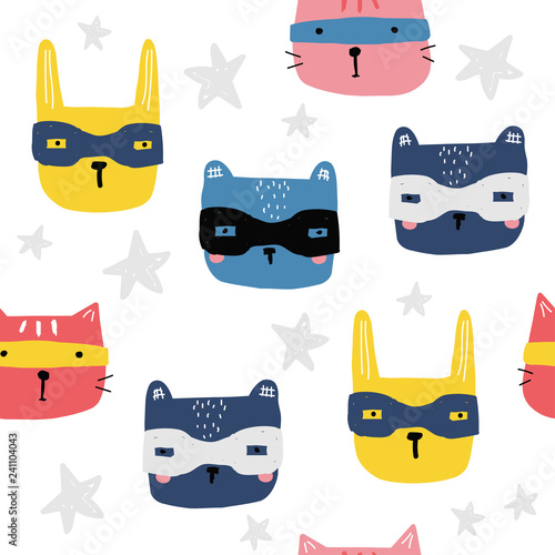 Seamless pattern with animals superheroes. Cute kids print. Vector hand drawn illustration.