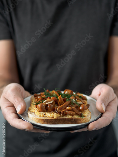 Hands takes plate with vegan sandwich. Healthy appetiezer - whole wheat bread toast with chickpea hummus and honey fungus mushrooms. Vertical