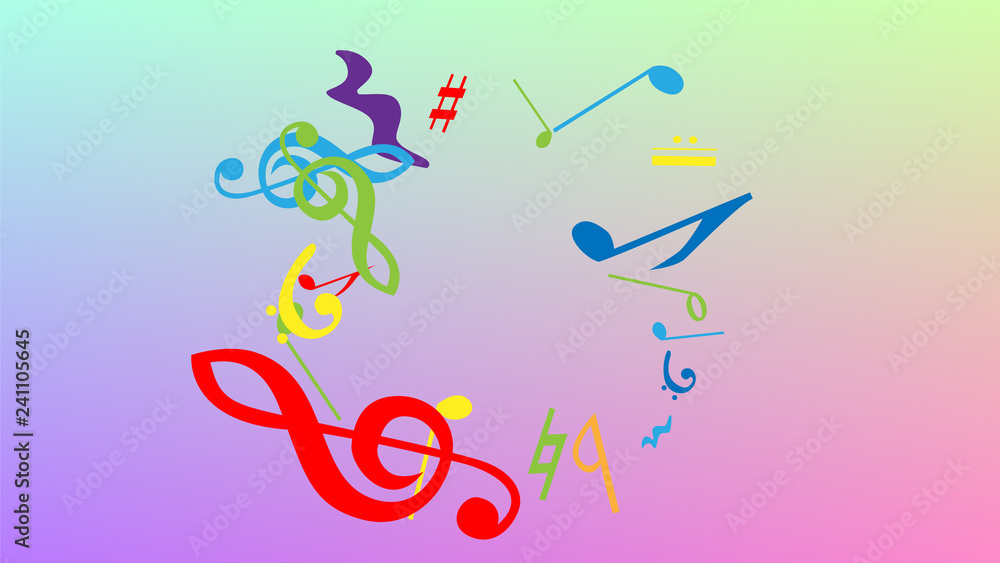 Random Musical Notes Image Disco Background. Many Random Falling Notes, Bass and, Treble Clef ...