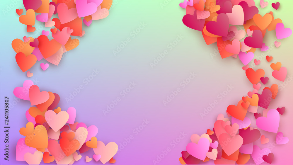 Love Background. Invitation Template. Many Random Falling Beautifull Hearts on Hologram Backdrop. Heart Confetti Pattern. Vector Love Background.