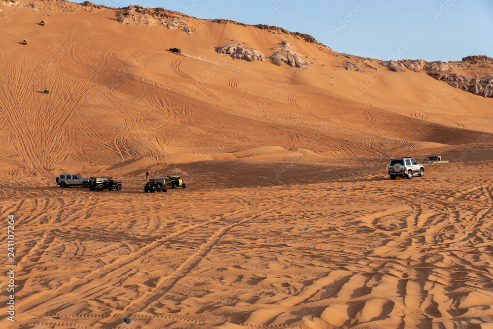 Big Red and Pink Rock, Sharjah, United Arab Emirates, December 28, 2018, Off-roading is one of the most attraction in United Arab Emirates and this area is one of the most visited place by off-roaders Big Red and Pink Rock, Sharjah, United Arab Emirates, December 28, 2018, Off-roading is one of the most attraction in United Arab Emirates and this area is one of the most visited place by off-roaders