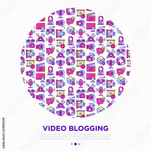 Video blogging concept in circle with thin line icons: vlog, ASMR, mukbang, unboxing, DIY, stream game, review, collaboration, podcast, tipa and tricks. Vector illustration, print media template.