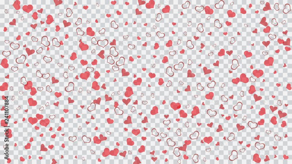 Red on Transparent fond Vector. A sample of wallpaper design, textiles, packaging, printing, holiday invitation for Valentine's Day. Happy background. Red hearts of confetti crumbled.