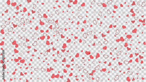 Red on Transparent fond Vector. A sample of wallpaper design, textiles, packaging, printing, holiday invitation for Valentine's Day. Happy background. Red hearts of confetti crumbled.