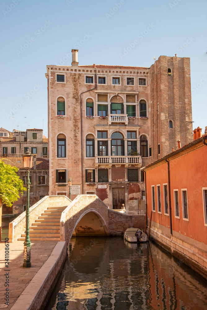 Campo San Boldo is one of the most curious places because you can see the characteristic bell tower hub, Venice, Italy. Detail on the Venetian houses, and the bridge.