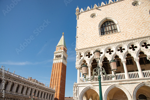 Venice, Italy, view from the lagoon of the Grand Canal. Detail on the ducal palace, bell tower of San Marco