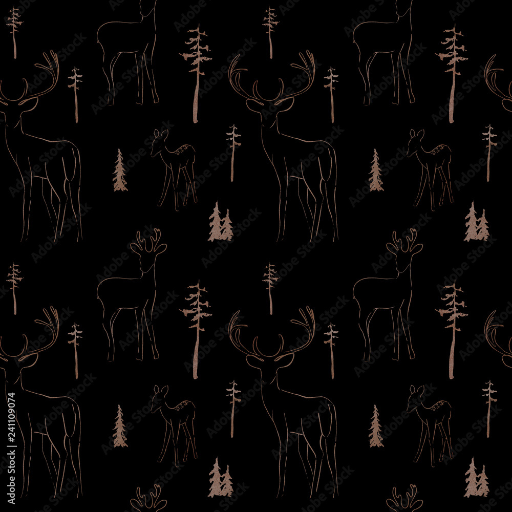 Winter seamless pattern with deer in forest Winter seamless pattern with deer in forest