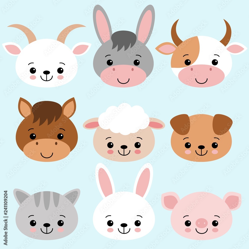 Farm animals set in flat style isolated on blue background. Vector illustration. Cute cartoon animals collection sheep, goat, cow, donkey, horse, pig, cat, dog, rabbit.