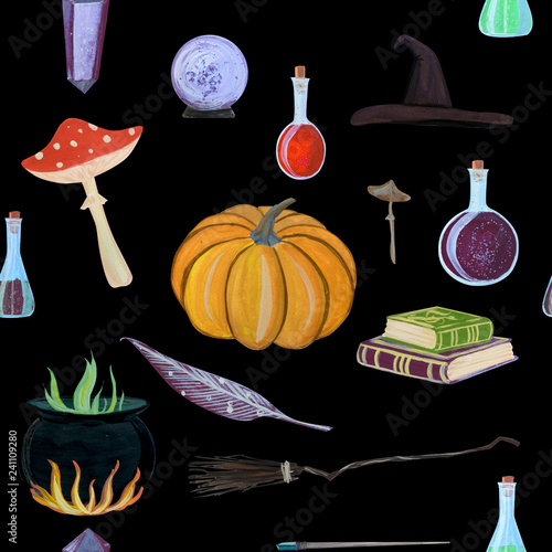 gouache magic seamless pattern with magic wand, elixir, books photo