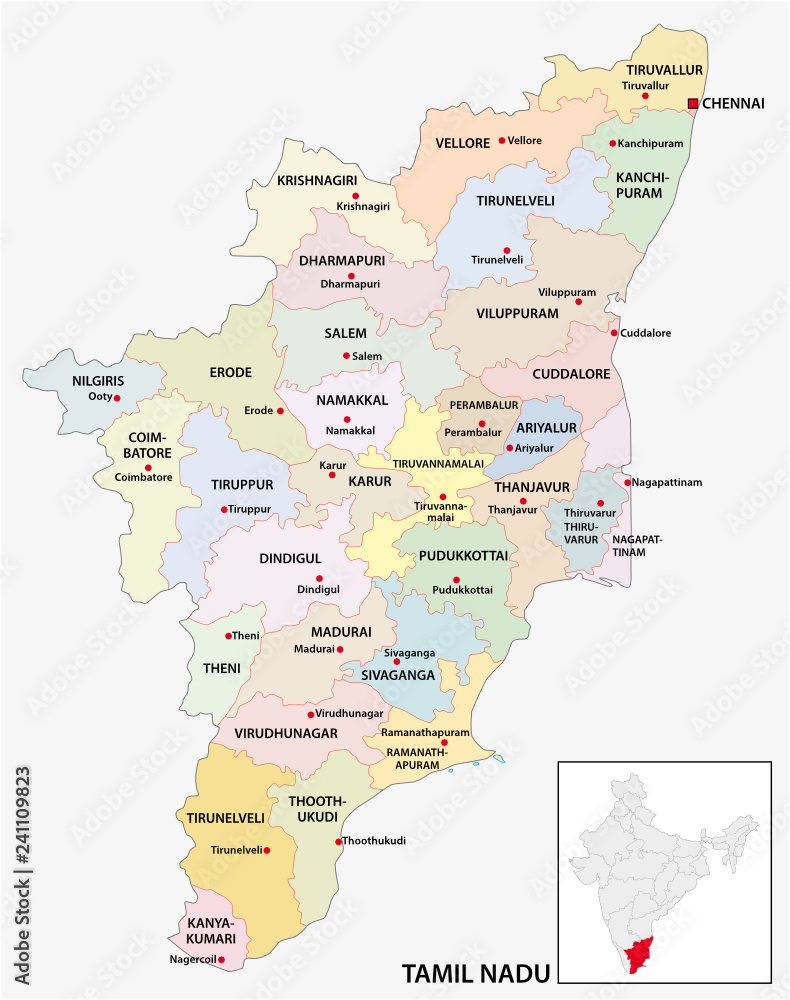 Tamil Nadu Political Map Administrative And Political Map Of Indian State Of Tamil Nadu, India Stock  Vector | Adobe Stock