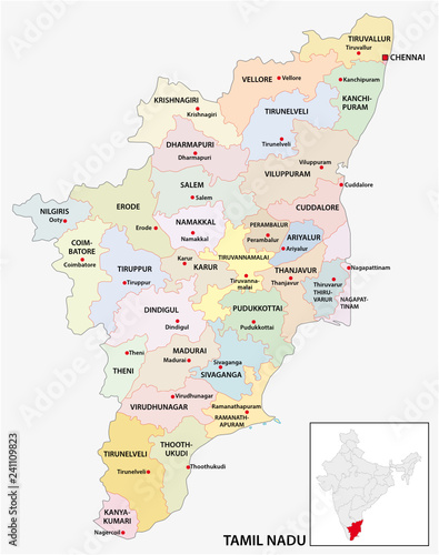  administrative and political map of indian state of Tamil Nadu, india