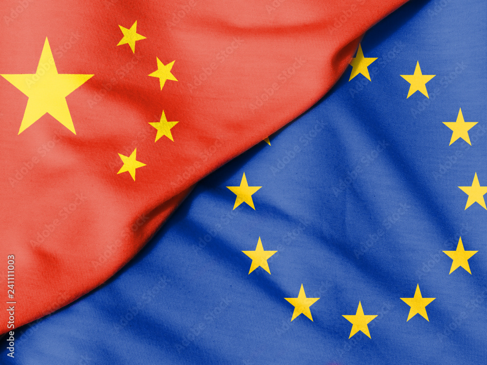 Fototapeta premium Two flags. Flag of China. European Union flag.