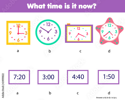 Matching children educational game. Match clock and time numbers. Learning hours and minutes