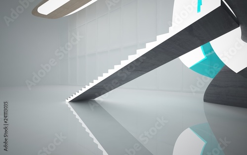 Abstract interior of wood, glass and concrete.3D illustration. rendering © SERGEYMANSUROV