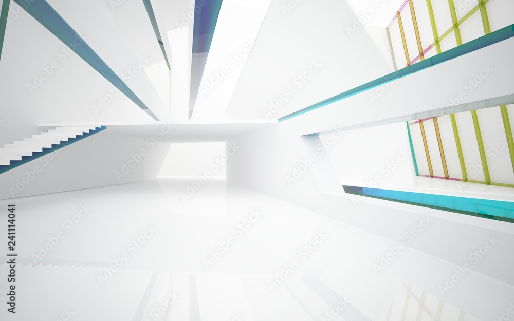 Obraz premium Abstract white and colored gradient glasses interior multilevel public space with window. 3D illustration and rendering.