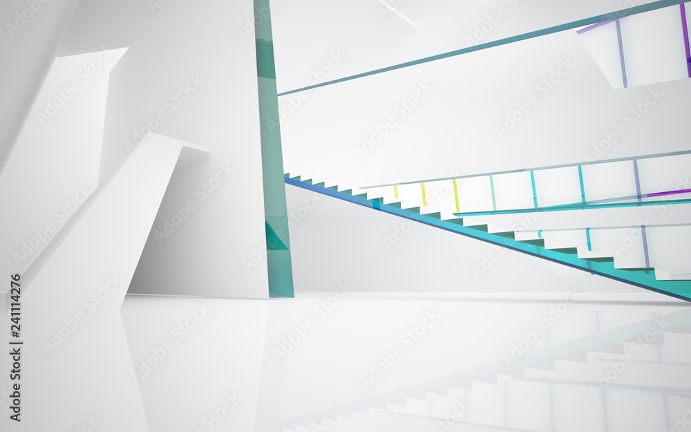 Fototapeta premium Abstract white and colored gradient glasses interior multilevel public space with window. 3D illustration and rendering.