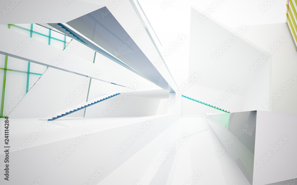 Abstract white and colored gradient glasses interior multilevel public space with window. 3D illustration and rendering.
