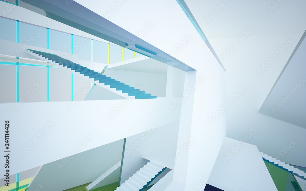 Fototapeta premium Abstract white and colored gradient glasses interior multilevel public space with window. 3D illustration and rendering.