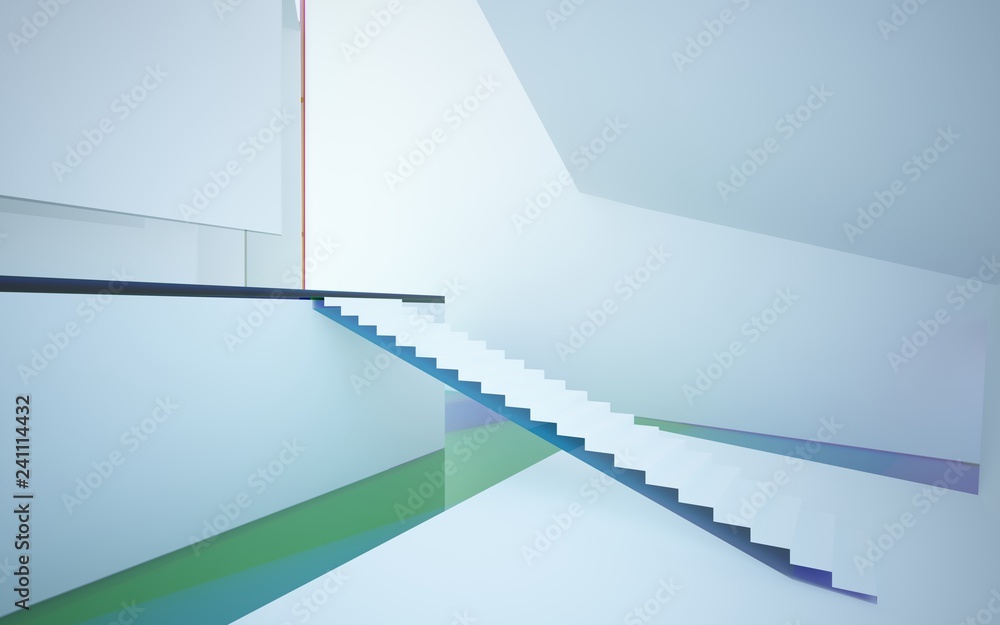 Fototapeta premium Abstract white and colored gradient glasses interior multilevel public space with window. 3D illustration and rendering.