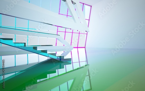 Abstract white and colored gradient glasses interior multilevel public space with window. 3D illustration and rendering.