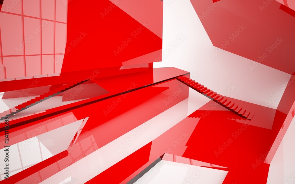 Fototapeta premium Abstract white and red gloss interior multilevel public space with window. 3D illustration and rendering.