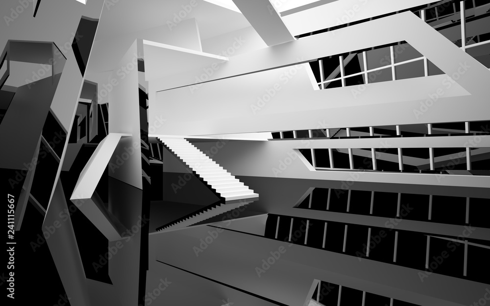 Abstract white and black interior multilevel public space with window. 3D illustration and rendering. Abstract white and black interior multilevel public space with window. 3D illustration and rendering.