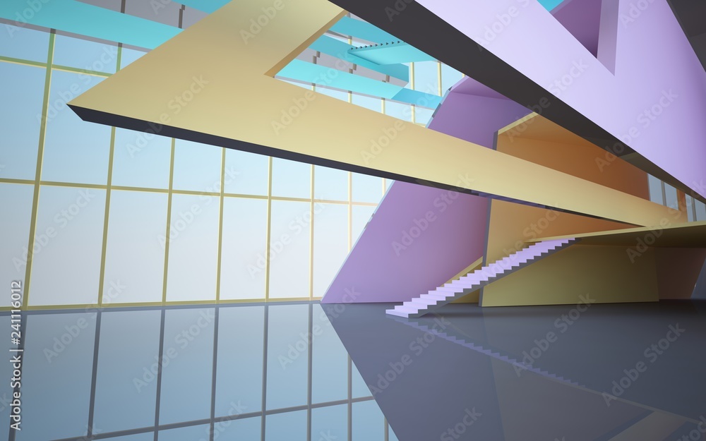 Obraz premium Abstract white and colored gradient parametric interiorwith window. 3D illustration and rendering.