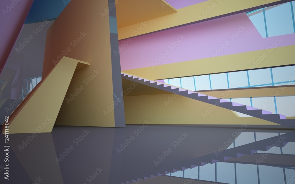 Obraz premium Abstract white and colored gradient parametric interiorwith window. 3D illustration and rendering.