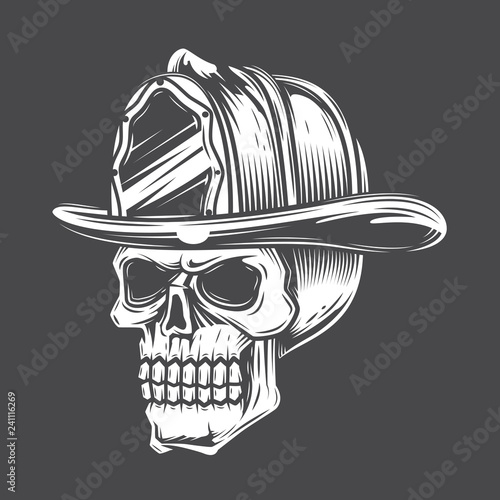 Black and white skull in a fireman hat against a dark background. Vector illustration.