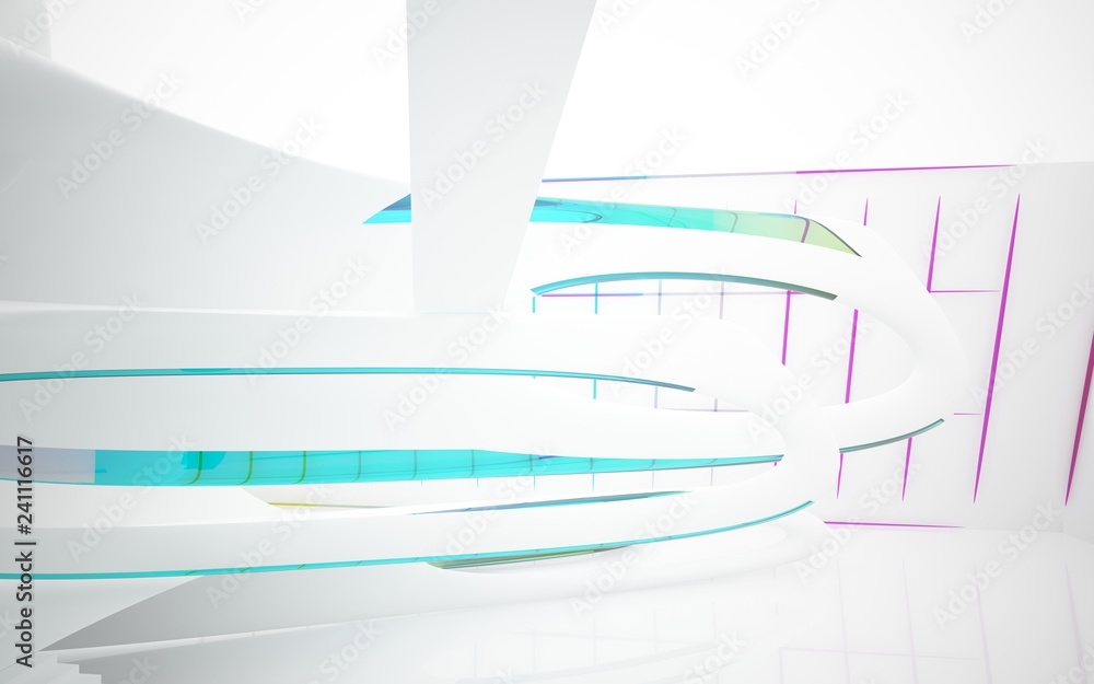 Obraz premium abstract architectural interior with colored smooth glass sculpture. 3D illustration and rendering