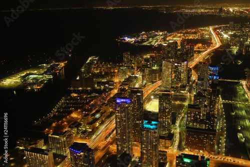 Aerial of Toronto  Canada expressway at night