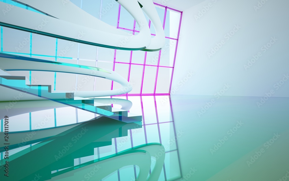 Obraz premium abstract architectural interior with colored smooth glass sculpture. 3D illustration and rendering