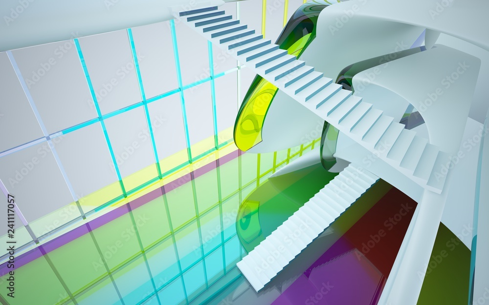 Fototapeta premium abstract architectural interior with colored smooth glass sculpture. 3D illustration and rendering