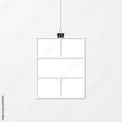 Realistic white paper photo frame hanging with binder clips. Template collage vector illustration isolated. Mock up for photographers.