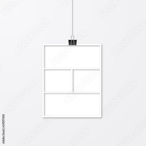 Paper photo frame hanging with binder clips. Collage vector illustration isolated. Advertising poster. Social media story template