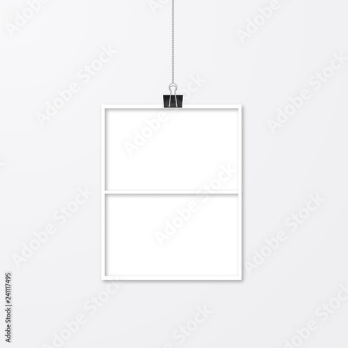 Paper cut photo frame hanging with binder clips. Collage template vector illustration isolated on white. Wedding photo album page layout.